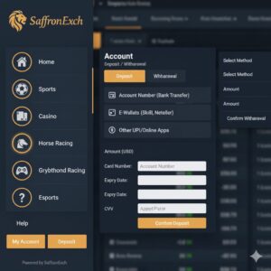 AI generated SaffronExch style live betting Deposit and Withdraw dashboard layout