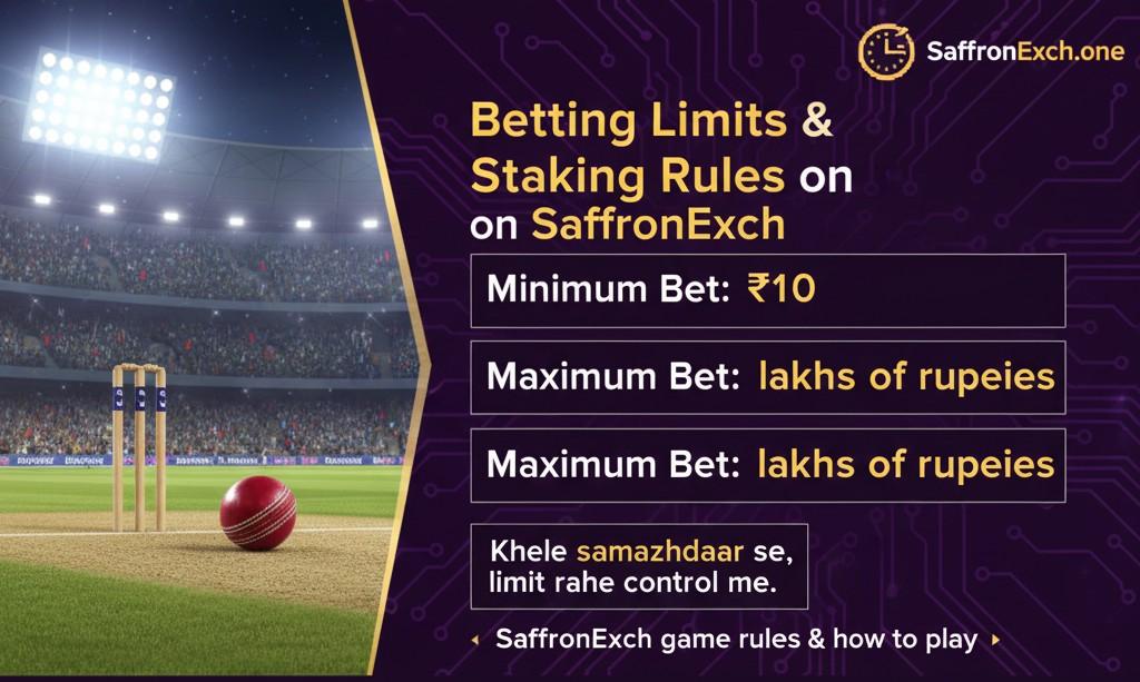 SaffronExch betting limits and staking rules showing minimum and maximum bet per market