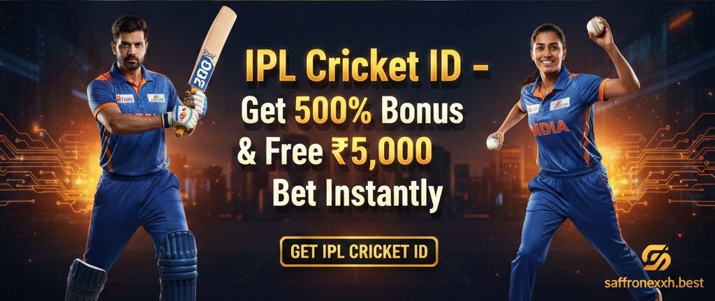 SaffronExch IPL Cricket ID promotion, 500% bonus and ₹5,000 free bet, black and gold sports banner.