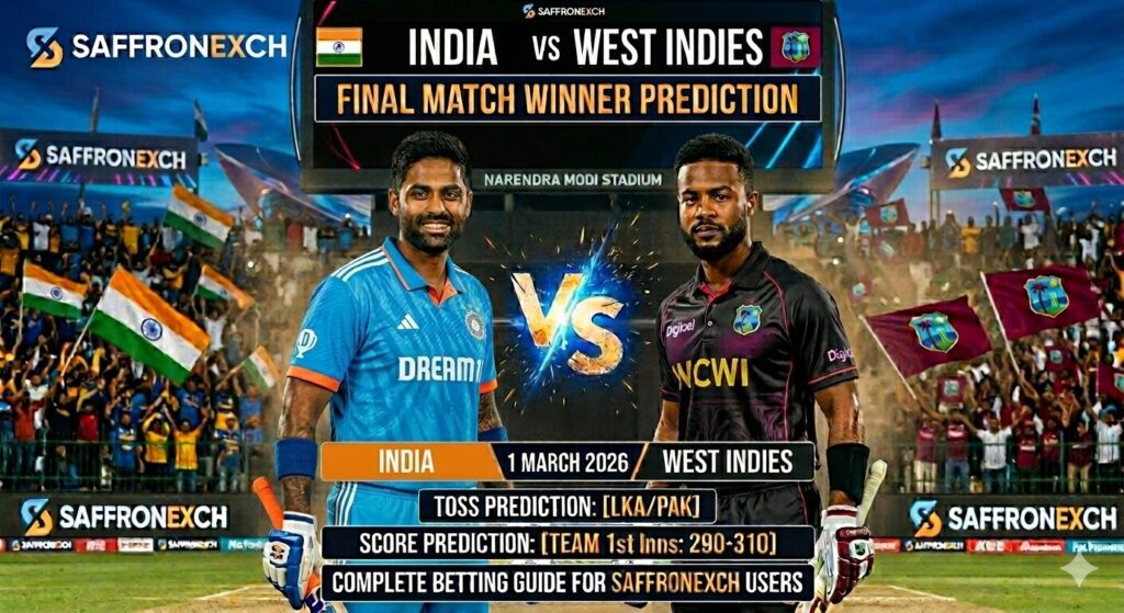 India vs West Indies 1 March 2026: My Final Match Winner Prediction, Toss Prediction, Score Prediction and Complete Betting Guide for SaffronExch Users