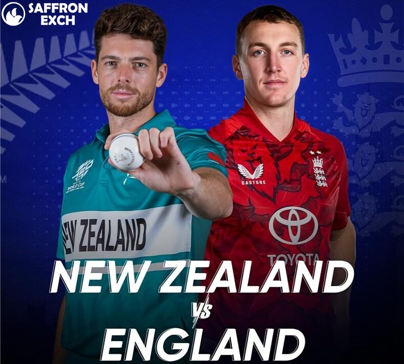 England vs New Zealand 27 February 2026 horizontal strip cricket poster with aggressive captain face-off, fiery VS effect in center, stadium background, framed border design, and bold match details text.