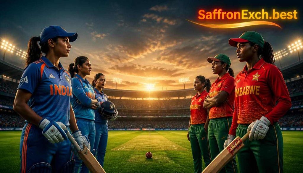 India Women vs Zimbabwe Women squad 2026 with SaffronExch.best branding