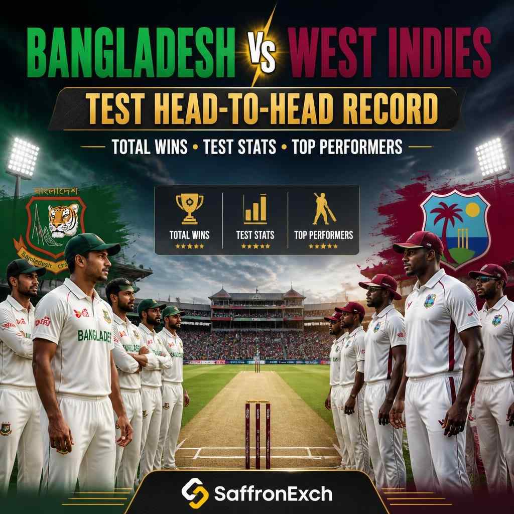 Bangladesh vs West Indies Test head-to-head record featuring historical wins, statistics and top performers.
