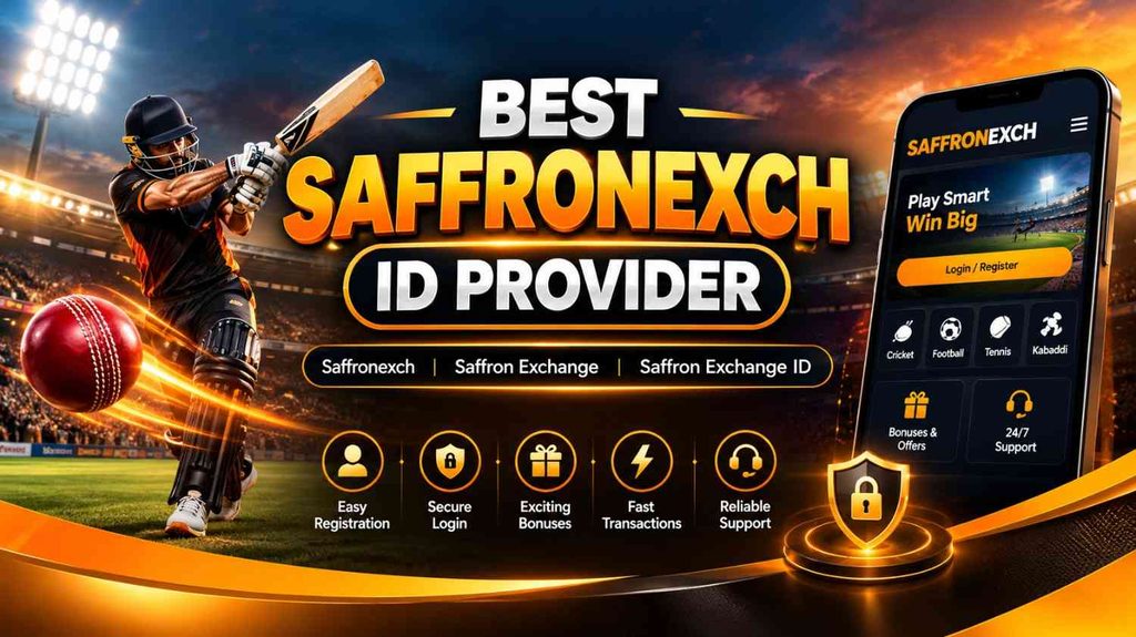 Best Saffronexch ID Provider featuring Saffron Exchange ID, cricket stadium, and online sports platform graphics.
